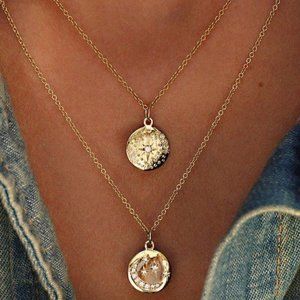 PERFECT GIFT! Rhinestone Moon & Star Layer Pendant Necklace